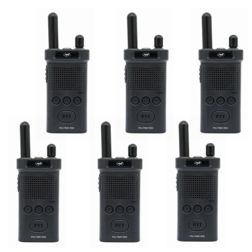 Kit 6 statii radio portabile PNI PMR R60 446MHz, 0.5W, 16 canale programabile, 16 PMR si tonuri 50 CTCSS si 104 DCS, Scan, blocare taste, SOS, Monitor, acumulator 1200mAh