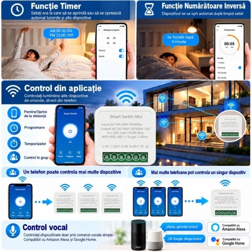 Mini modul intrerupator inteligent smart Wi-Fi 1 canal 100-240V, 10A, LED 150W, montaj in doza, aplicatie Tuya Smart Life, compatibil Alexa si Google Home - Img 3