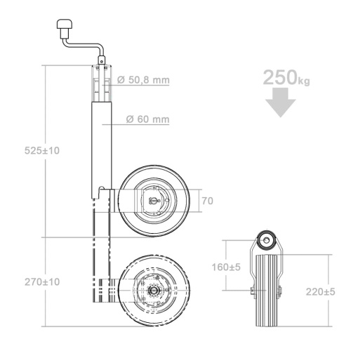 Roata de sprijin, capacitate 300 kg, teava Ø60 mm, roata 225x65 mm - Img 3