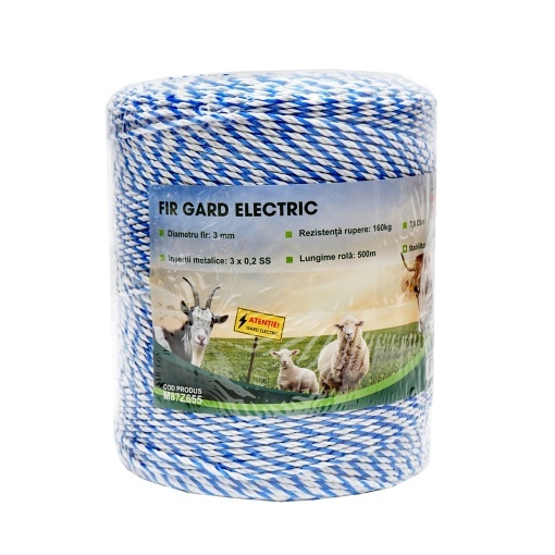 Rola fir alb-albastru 3mm insertie metalica 3x0.2mm SS, rezistenta 7.8 Ohm/m, 500m gard electric Mezofarm - Img 2