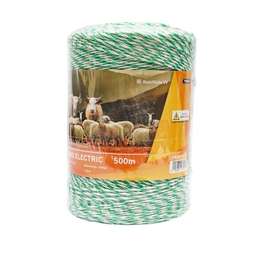 Rola fir alb-verde fi 2.5mm insertie metalica 4x0.2mm SS, rezistenta 7 Ohm/m, 500m gard electric THOR - Img 3