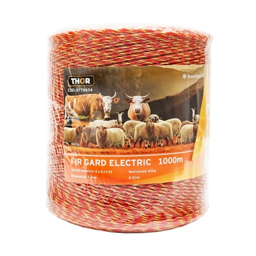 Rola fir galben-rosu fi 2mm insertie metalica 6x0.15mm SS, rezistenta 8 Ohm/m, 1000m gard electric Thor - Img 2