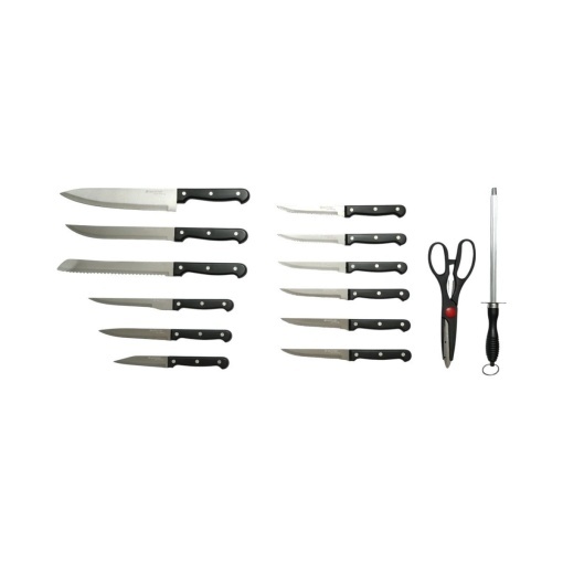 Set cutite bucatarie 15 piese cu suport lemn, foarfeca si pila ascutit, lama otel 3Cr13, maner ABS negru Breckner Germany - Img 2