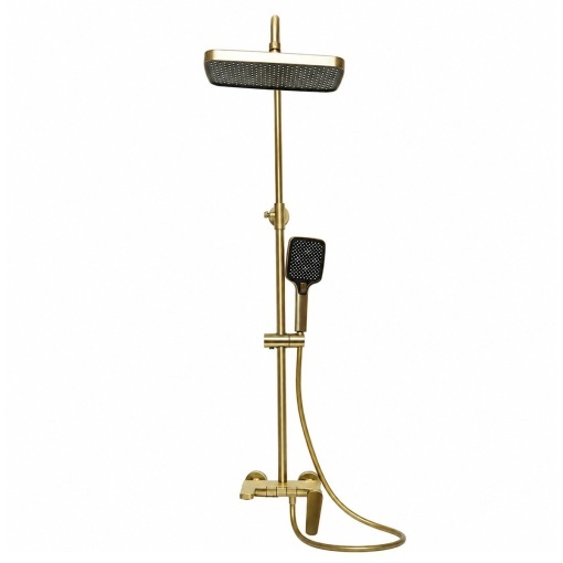 Set dus Premium multifunctional de perete din cupru, 3 functii curgere apa, dus dreptunghiular tip ploaie, para de dus, auriu mat - Img 3