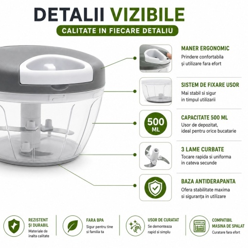 Tocator manual de legume cu sfoara, 3 lame inox, capacitate 500ml - Img 7