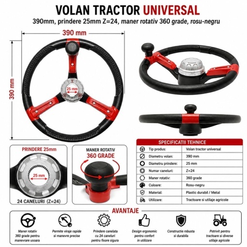 Volan tractor universal 390mm, prindere 25mm Z=24, maner rotativ 360 grade, rosu-negru Breckner Germany - Img 6