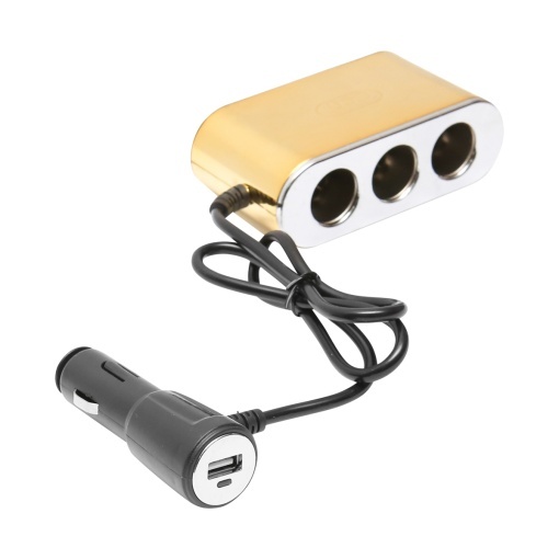Adaptor bricheta auto tripla 12/24V auriu cu intrerupator individual si 1 port USB 5V 2.1A - Img 3