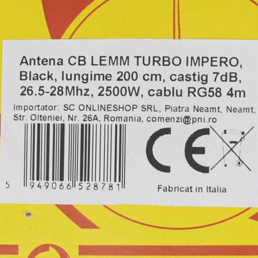 Antena CB LEMM TURBO IMPERO, Black, lungime 200 cm, castig 7dB, 26.5-28Mhz, 2500W, cablu RG58 4m, fabricata in Italia - Img 7