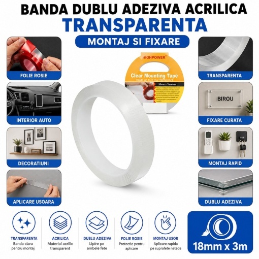 Banda dublu adeziva acrilica transparenta ranforsata 18mm x 3m HighPower - Img 4