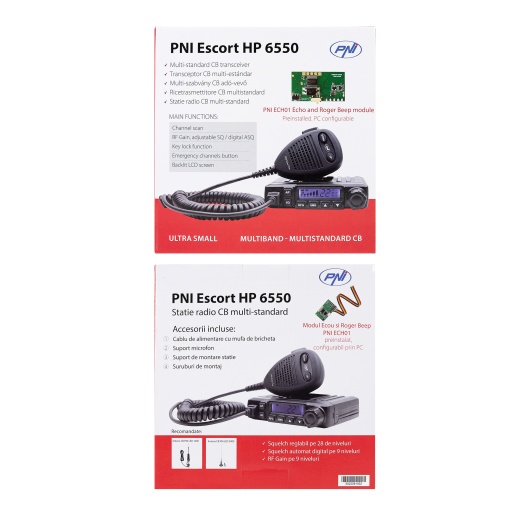 Bax cu 10 bucati statie radio CB PNI Escort HP 6550 cu PNI ECH01 instalat, multistandard, 4W, AM-FM, 12V, ASQ, cu modul de ecou - Img 11