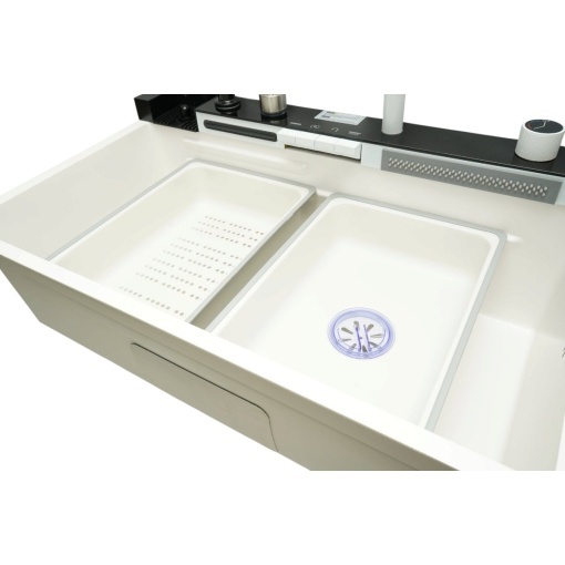 Chiuveta bucatarie multifunctionala din otel inoxidabil alb mat PVD cu doua baterii, afisaj digital temperatura, doua cascade, dozator detergent, spalator pahare, scurgator, tava, tocator si accesorii incluse 75x46x22cm - Img 10