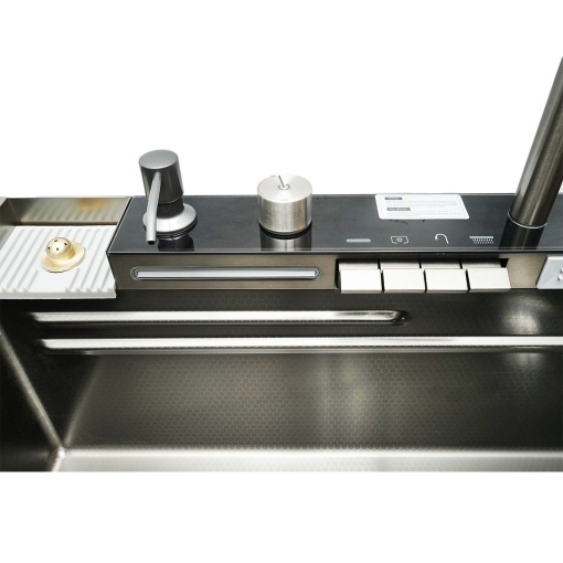 Chiuveta bucatarie multifunctionala din otel inoxidabil cu 2 cascade, afisaj digital temperatura, functie cascada, dozator sapun, spalator pahare, scurgator, tava, tocator si accesorii scurgere incluse, dimensiune 75x46x23.5cm - Img 7