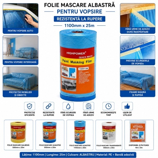 Folie protectie vopsit si zugravit cu banda adeziva albastra 1100mm x 25m HighPower - Img 4