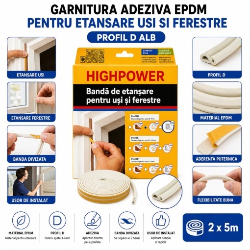 Garnitura etansare usi si ferestre alba autoadeziva 10m, profil D 3-7mm, EPDM HighPower - Img 3