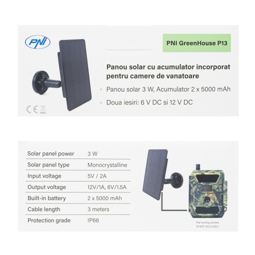 Incarcator solar PNI GreenHouse P13 iesire 6V si 12V, 3W, acumulator Li-Ion 5200 mAh, IP66 pentru camere de vanatoare - Img 7