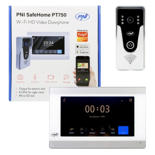 Interfon video inteligent PNI SafeHome PT750 WiFi HD, P2P, monitor interior, aplicatie dedicata Tuya Smart, integrare in scenarii si automatizari smart cu alte produse compatibile Tuya