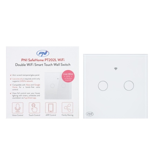 Intrerupator inteligent cu touch PNI SafeHome PT202L WiFi, 10A, control prin aplicatia Tuya Smart, compatibil cu Alexa si Google Assistant - Live Wire, fara nul - Img 7