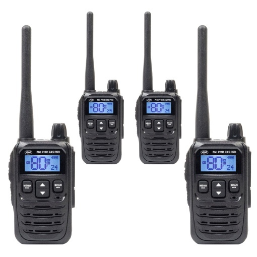 Kit 4 statii radio portabile PNI PMR R45 PRO 446MHz, 0.5W, 99 canale programabile, 16 PMR si tonuri 38 CTCSS si 104 DCS, Squelch 5 niveluri, VOX, TOT, BCL, Scan, Roger Beep