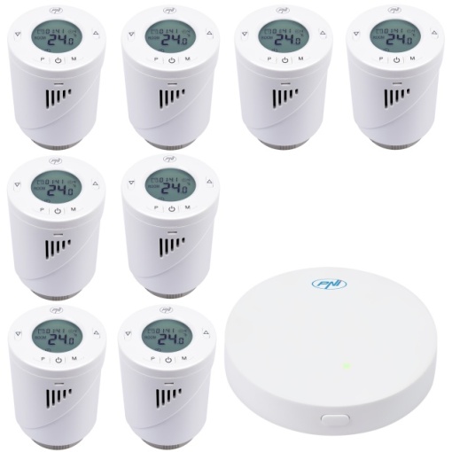 Kit Wifi 8 bucati cap termostatic inteligent PNI CT25T pentru calorifer si Hub PNI CT25WIFI cu control prin Internet, aplicatie de mobil Tuya Smart