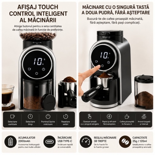Rasnita electrica de cafea automata 150W, 220V, reglaj macinare 25 trepte, afisaj digital touch, bavuri conice, recipient boabe 250g - Img 7