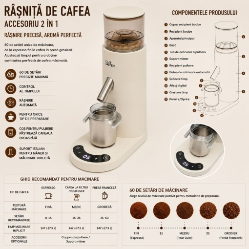 Rasnita electrica de cafea portabila cu acumulator 2600mAh, 110W, reglaj macinare 60 trepte, bavuri conice 41mm, afisaj digital touch, reincarcabila USB Type-C - Img 3