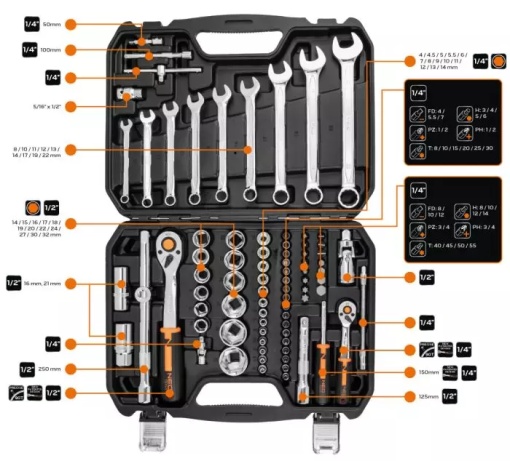 Set de chei tubulare 1/2" si 1/4", 82 piese, din otel CrV - Img 2