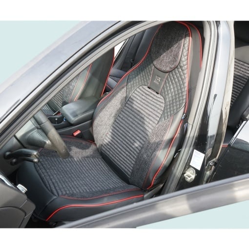 Set huse scaune auto Premium negru-rosu universale, design sport ergonomic, piele ecologica cu insertii textile 11 piese - Img 3