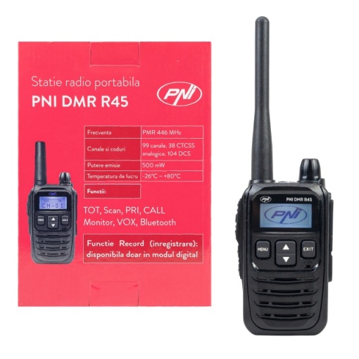 Statie radio portabila PNI DMR R45, digital si analogic, 446MHz, 16 canale digitale si 99 canale analogice, functie inregistrare voce, baterie Li-Ion 2000mAh