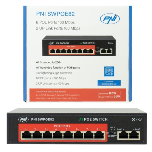 Switch POE PNI SWPOE82, 8 porturi POE 100 Mbps si 2 porturi UP Link 100 Mbps, 120W, functie AI Extend pana la 250m, protectie fulger 4kV - Img 3