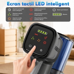 Aspirator vertical fara fir 200W, putere aspirare 30 kPa, baterie 2000mAh, recipient praf 600ml, 3 moduri de aspirare, ecran tactil LED, motor brushless, perie iluminata LED - Img 12