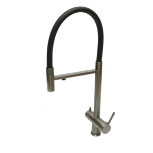 Baterie chiuveta bucatarie Premium din cupru, pipa flexibila, dubla comanda, gri grafit satinat, furtunuri incluse