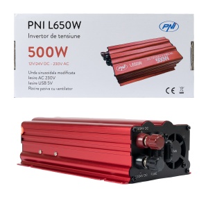 Bax cu 20 bucati invertor de tensiune PNI L650W alimentare duala 12V/24V, iesire 230V, 500W, sinus modificat, mufa USB 5V 500mAh, cu clesti alimentare si mufa de bricheta inclusa