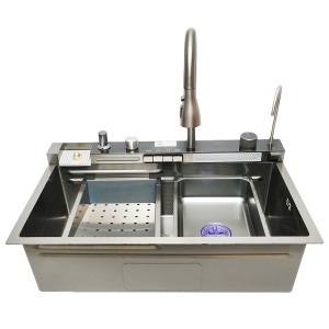 Chiuveta bucatarie multifunctionala din otel inoxidabil cu 2 cascade, afisaj digital temperatura, functie cascada, dozator sapun, spalator pahare, scurgator, tava, tocator si accesorii scurgere incluse, dimensiune 75x46x23.5cm
