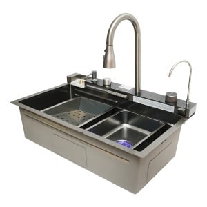 Chiuveta bucatarie multifunctionala din otel inoxidabil cu 2 cascade, afisaj digital temperatura, functie cascada, dozator sapun, spalator pahare, scurgator, tava, tocator si accesorii scurgere incluse, dimensiune 75x46x23.5cm - Img 4