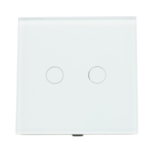 Intrerupator touch dublu cap scara alb 220V, indicator luminos, rama sticla 86x86x34mm - Img 2