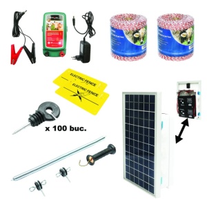 Kit complet gard electric 12/220V, 1.8 Joule cu panou solar 10W, lungime fir 2x500m, 100 izolatori, maner, poarta si 2 placute avertizare