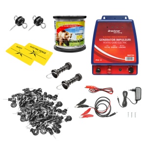 Kit complet gard electric 12/220V, 4.8 Joule lungime fir 1000m, 100 izolatori si placute avertizare Breckner Germany