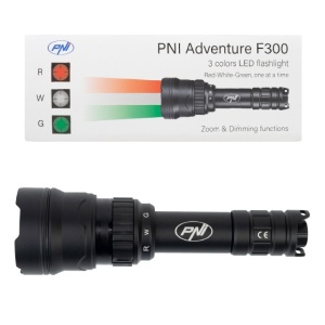Lanterna PNI Adventure F300 cu LED in 3 culori, alb, rosu, verde, IP68 waterproof, distanta 500 m, flux luminos 540 lm, acumulator 18650 3000mAh inclus, incarcator pentru acumulator inclus, functie zo - Img 6