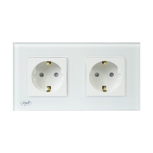 Priza dubla incastrabila PNI WP202W, cu rama din sticla, 16A, 2X3000W, 230V, alb