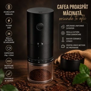 Rasnita electrica de cafea portabila cu acumulator 2000mAh, 30W, reglaj macinare 38 trepte, capacitate 25g/120ml, reincarcabila USB Type-C - Img 3