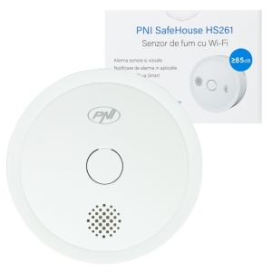 Senzor de fum PNI SafeHouse HS261 cu Wi-Fi, control din aplicatia Tuya Smart, alimentare baterie 3V, 85dB, alarma sonora si vizuala, alarma silentioasa