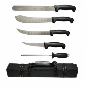 Set cutite macelarie profesionale 5 piese cu geanta, lama otel 5Cr15MoV, maner PP negru Breckner Germany