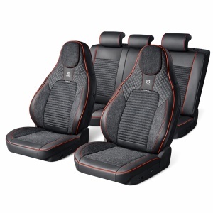 Set huse scaune auto Premium Negru-Rosu universale, design sport ergonomic, piele ecologica cu insertii textile, fata + spate 11 piese