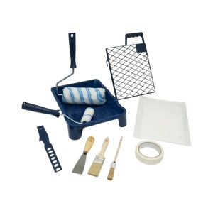 Set vopsit si zugravit cu trafaleti poliester 10cm, 18cm, 2 pensule, spaclu, mixer, tavita vopsea, gratar, folie protectie, banda mascare 15 piese Breckner Germany