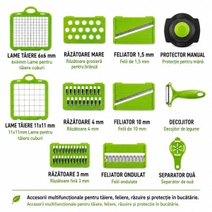 Tocator de legume multifunctional 12 in 1 manual, 8 lame inox interschimbabile, taietor legume, feliator, razatoare, decojitor, separator oua, recipient colectare - Img 6