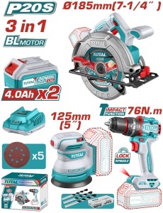 TOTAL - KIT COMBO 20V - 4.0Ah - FIERASTRAU CIRCULAR, SLEFUITOR , MASINA DE GAURIT CU IMPACT (INCLUDE