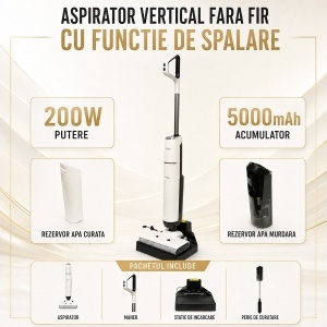 Aspirator vertical fara fir cu mop 200W, putere aspirare 18000Pa, baterie 5000mAh, rezervor apa 2x600ml, functie voce, ecran digital Breckner Germany - Img 9