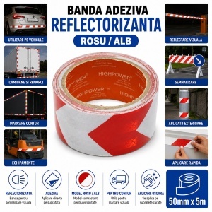 Banda reflectorizanta rosu-alb cu sageata autoadeziva 50mm x 5m HighPower - Img 4