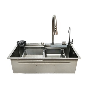 Chiuveta bucatarie multifunctionala din otel inoxidabil cu doua baterii, afisaj digital temperatura, functie cascada, spalator pahare, scurgator, tava, tocator si accesorii scurgere incluse, dimensiune 75x46x23.5cm