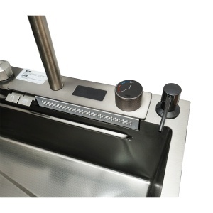 Chiuveta bucatarie multifunctionala din otel inoxidabil cu doua baterii, afisaj digital temperatura, functie cascada, dozator sapun, scurgator, tava, tocator si accesorii scurgere incluse, dimensiune 75x46x23.5cm - Img 8